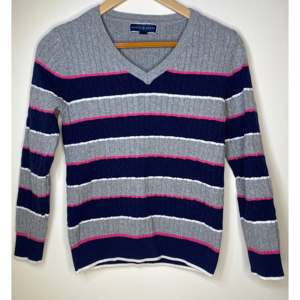 Striped Cable Knit V Neck Sweater Women's Small Blue Pink Gray‎ 100% Cotton